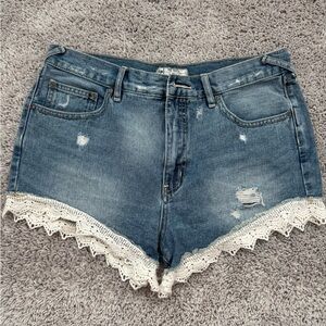 Free People Lace Hem Denim Shorts
